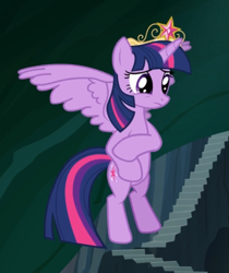 Size: 615x733 | Tagged: safe, screencap, character:twilight sparkle, character:twilight sparkle (alicorn), species:alicorn, species:pony, episode:princess twilight sparkle, g4, my little pony: friendship is magic, big crown thingy, cropped, crown, element of magic, flying, jewelry, nervous, regalia, solo, spread wings, wings