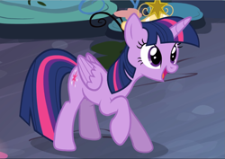 Size: 1329x940 | Tagged: safe, screencap, character:twilight sparkle, character:twilight sparkle (alicorn), species:alicorn, species:pony, episode:princess twilight sparkle, g4, my little pony: friendship is magic, big crown thingy, cropped, crown, cute, jewelry, open mouth, raised hoof, regalia, smiling, twiabetes