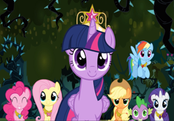 Size: 1345x937 | Tagged: safe, screencap, character:applejack, character:fluttershy, character:pinkie pie, character:rainbow dash, character:rarity, character:spike, character:twilight sparkle, character:twilight sparkle (alicorn), species:alicorn, species:dragon, species:earth pony, species:pegasus, species:pony, species:unicorn, episode:princess twilight sparkle, g4, my little pony: friendship is magic, big crown thingy, black vine, cropped, crown, elements of harmony, eyes closed, female, flying, jewelry, male, mane seven, mane six, mare, necklace, regalia, smiling, spread wings, wings