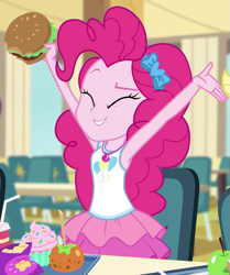 Size: 739x883 | Tagged: safe, screencap, character:pinkie pie, episode:schedule swap, g4, my little pony:equestria girls, armpits, arms in the air, burger, caramel apple (food), cheeseburger, chips, clothing, cupcake, cute, diapinkes, eyes closed, female, food, frosting, geode of sugar bombs, hamburger, junk food, magical geodes, potato chips, skirt, smiling, that human sure does love burgers