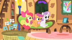 Size: 1280x720 | Tagged: safe, screencap, character:apple bloom, character:fluttershy, character:scootaloo, character:sweetie belle, species:pegasus, species:pony, episode:stare master, g4, my little pony: friendship is magic, animated, cutie mark crusaders, fluttershy's cottage, jumping, sigh, sound, webm
