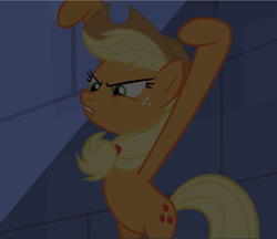 Size: 1088x940 | Tagged: safe, screencap, character:applejack, species:earth pony, species:pony, episode:castle mane-ia, g4, my little pony: friendship is magic, bipedal, cropped, female, freckles, hind legs, hooves in air, mare, raised hoof, shadow