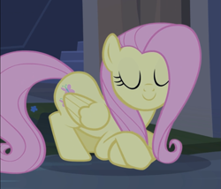 Size: 885x757 | Tagged: safe, screencap, character:fluttershy, species:pegasus, species:pony, episode:castle mane-ia, g4, my little pony: friendship is magic, cropped, crossed hooves, cute, eyes closed, female, mare, prone, shyabetes, smiling, solo