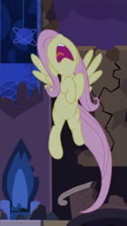 Size: 357x637 | Tagged: safe, screencap, character:fluttershy, species:pegasus, species:pony, episode:castle mane-ia, g4, my little pony: friendship is magic, cropped, female, flying, mare, nose in the air, open mouth, scared, screaming, solo, spread wings, wings