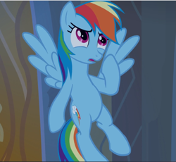 Size: 1023x942 | Tagged: safe, screencap, character:rainbow dash, species:pegasus, species:pony, episode:castle mane-ia, g4, my little pony: friendship is magic, cropped, female, flying, mare, spread wings, thinking, wings