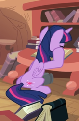 Size: 365x555 | Tagged: safe, screencap, character:twilight sparkle, character:twilight sparkle (alicorn), species:alicorn, species:pony, episode:castle mane-ia, g4, my little pony: friendship is magic, book, cropped, desk, golden oaks library, hooves on cheeks, reading, sitting