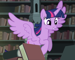 Size: 1179x938 | Tagged: safe, screencap, character:twilight sparkle, character:twilight sparkle (alicorn), species:alicorn, species:pony, episode:castle mane-ia, g4, my little pony: friendship is magic, book, bookshelf, cropped, cute, flying, library, smiling, solo, spread wings, that pony sure does love books, twiabetes, wings