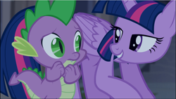 Size: 1671x941 | Tagged: safe, screencap, character:spike, character:twilight sparkle, character:twilight sparkle (alicorn), species:alicorn, species:pony, episode:castle mane-ia, g4, my little pony: friendship is magic, cropped, lidded eyes, looking at each other, scared, smiling