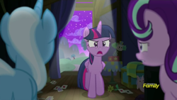 Size: 1280x720 | Tagged: safe, screencap, character:starlight glimmer, character:trixie, character:twilight sparkle, character:twilight sparkle (alicorn), species:alicorn, species:pony, species:unicorn, episode:no second prances, g4, my little pony: friendship is magic, angry, card, discovery family logo, female, furious, guilty, inside, knick knack, mare, nervous, night, plot, teacher and student, trio, trixie's wagon