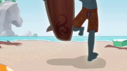 Size: 1280x720 | Tagged: safe, screencap, character:zephyr breeze, episode:blue crushed (a.k.a baewatch), g4, my little pony:equestria girls, barefoot, beach, close-up, clothing, feet, gladys, legs, male, male feet, running, shorts, surfboard, swimming trunks, toes, underfoot