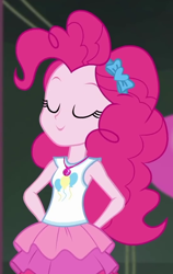 Size: 556x877 | Tagged: safe, screencap, character:pinkie pie, episode:all the world's off stage, g4, my little pony:equestria girls, all the world's off stage: pinkie pie, cropped, cute, diapinkes, eyes closed, geode of sugar bombs, hands behind back, magical geodes, satisfied, smug, solo
