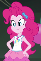 Size: 572x831 | Tagged: safe, screencap, character:pinkie pie, episode:all the world's off stage, g4, my little pony:equestria girls, :), all the world's off stage: pinkie pie, cropped, cute, diapinkes, geode of sugar bombs, hand on hip, happy, magical geodes, smiling, solo