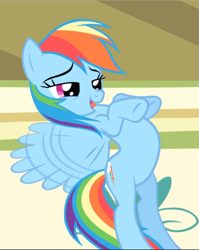 Size: 747x940 | Tagged: safe, screencap, character:rainbow dash, species:pegasus, species:pony, episode:flight to the finish, g4, my little pony: friendship is magic, cropped, female, flapping, flying, lidded eyes, mare, open mouth, smug, spread wings, wings