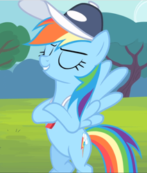 Size: 798x940 | Tagged: safe, screencap, character:rainbow dash, species:pegasus, species:pony, episode:flight to the finish, g4, my little pony: friendship is magic, clothing, coach rainbow dash, cropped, crossed hooves, eyes closed, female, hat, mare, spread wings, whistle, wings