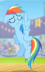 Size: 588x941 | Tagged: safe, screencap, character:rainbow dash, character:sweetie belle, species:pegasus, species:pony, species:unicorn, episode:flight to the finish, g4, my little pony: friendship is magic, cropped, eyes closed, female, filly, floppy ears, flying, hooves on hips, mare, offscreen character, solo focus, spread wings, wings