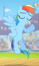 Size: 556x940 | Tagged: safe, screencap, character:rainbow dash, species:pegasus, species:pony, episode:flight to the finish, g4, my little pony: friendship is magic, cropped, eyes closed, female, flying, hooves on hips, mare, raised hoof, smiling, smirk, smug, underhoof
