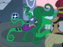 Size: 1064x801 | Tagged: safe, screencap, character:applejack, character:mane-iac, character:mistress marevelous, species:earth pony, species:pony, episode:power ponies, g4, my little pony: friendship is magic, cropped, electro orb, female, mare, reclining, solo focus