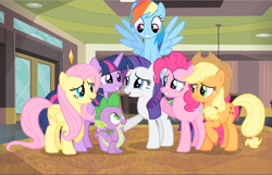 Size: 1456x939 | Tagged: safe, screencap, character:applejack, character:fluttershy, character:pinkie pie, character:rainbow dash, character:rarity, character:spike, character:twilight sparkle, character:twilight sparkle (alicorn), species:alicorn, species:dragon, species:earth pony, species:pegasus, species:pony, species:unicorn, episode:rarity takes manehattan, g4, my little pony: friendship is magic, adorable face, comforting, crying, cute, dashabetes, diapinkes, female, flying, group, jackabetes, looking at each other, male, mane seven, mane six, mare, raribetes, shyabetes, smiling, spread wings, tears of joy, twiabetes, wings