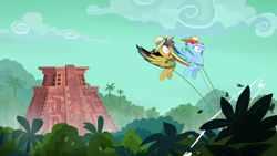 Size: 1920x1080 | Tagged: safe, screencap, character:daring do, character:rainbow dash, species:pegasus, species:pony, episode:stranger than fanfiction, clothing, duo, faec, female, hat, jungle, mare, pith helmet, temple