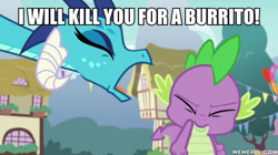 Size: 600x337 | Tagged: safe, screencap, character:princess ember, character:spike, episode:triple threat, g4, my little pony: friendship is magic, caption, dc comics, dc superhero girls, duo, image macro, impact font, text, yelling