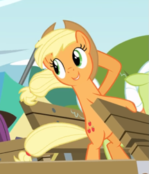 Size: 581x675 | Tagged: safe, screencap, character:applejack, character:granny smith, species:earth pony, species:pony, episode:pinkie apple pie, g4, my little pony: friendship is magic, bipedal, cropped, cute, elderly, female, jackabetes, mare, offscreen character, smiling, solo focus, windswept mane, windswept tail