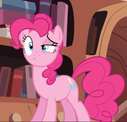 Size: 849x820 | Tagged: safe, screencap, character:pinkie pie, species:earth pony, species:pony, episode:pinkie apple pie, g4, my little pony: friendship is magic, :<, confused, cropped, cute, diapinkes, female, frown, golden oaks library, lidded eyes, mare, raised eyebrow, solo