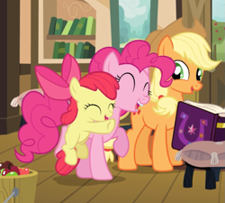 Size: 859x774 | Tagged: safe, screencap, character:apple bloom, character:applejack, character:pinkie pie, species:earth pony, species:pony, episode:pinkie apple pie, g4, my little pony: friendship is magic, adorabloom, apple, applejack's hat, book, bow, clothing, cowboy hat, cropped, cute, diapinkes, eyes closed, female, filly, food, friendship journal, hair bow, happy, hat, hug, jackabetes, mare, open mouth, smiling