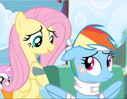 Size: 1205x941 | Tagged: safe, screencap, character:fluttershy, character:rainbow dash, species:pegasus, species:pony, episode:rainbow falls, g4, my little pony: friendship is magic, bandage, bipedal, cropped, female, floppy ears, looking back, mare, pushing, wheelchair