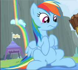 Size: 1038x940 | Tagged: safe, screencap, character:rainbow dash, species:pegasus, species:pony, episode:rainbow falls, g4, my little pony: friendship is magic, apple brown betty (food), cropped, female, food, mare, rainbow waterfall, sitting, solo, wavy mouth