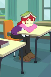 Size: 271x403 | Tagged: safe, screencap, character:nolan north, episode:schedule swap, g4, my little pony:equestria girls, background human, book, clothing, cropped, eyes closed, male, nolan north, pants, shoes, sleeping, sleeping in class