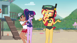 Size: 1920x1080 | Tagged: safe, screencap, character:sunset shimmer, character:timber spruce, character:twilight sparkle, character:twilight sparkle (scitwi), species:eqg human, episode:unsolved selfie mysteries, g4, my little pony:equestria girls, beach, belly, belly button, bikini, bikini babe, cap, clothing, diving goggles, female, geode of empathy, geode of telekinesis, glasses, hat, legs, lifeguard timber, magical geodes, male, midriff, mountain, ponytail, shorts, shrug, sleeveless, snorkel, swimsuit