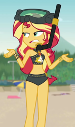 Size: 604x1020 | Tagged: safe, screencap, character:sunset shimmer, episode:unsolved selfie mysteries, g4, my little pony:equestria girls, beach, belly button, bikini, clothing, cropped, curvy, diving goggles, geode of empathy, goggles, magical geodes, midriff, shrug, shrugset shimmer, sleeveless, snorkel, solo, swimsuit