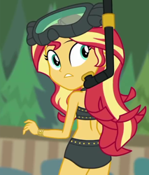Size: 606x711 | Tagged: safe, screencap, character:sunset shimmer, episode:unsolved selfie mysteries, g4, my little pony:equestria girls, ass, bikini, bunset shimmer, butt, clothing, cropped, diving goggles, female, looking back, midriff, rear view, sleeveless, snorkel, solo, swimsuit
