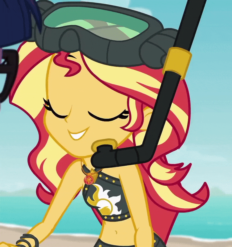 Size: 800x850 | Tagged: safe, screencap, character:sunset shimmer, character:twilight sparkle, character:twilight sparkle (scitwi), species:eqg human, episode:unsolved selfie mysteries, g4, my little pony:equestria girls, animated, belly button, bikini, clothing, cropped, cute, diving goggles, geode of empathy, gif, magical geodes, midriff, offscreen character, shimmerbetes, snorkel, solo focus, swimsuit