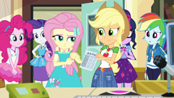 Size: 1920x1080 | Tagged: safe, screencap, character:applejack, character:fluttershy, character:pinkie pie, character:rainbow dash, character:rarity, character:twilight sparkle, character:twilight sparkle (scitwi), species:eqg human, episode:schedule swap, g4, my little pony:equestria girls, celestia's office, geode of fauna, geode of shielding, geode of sugar bombs, geode of super speed, geode of super strength, geode of telekinesis, humane five, humane six, magical geodes, written equestrian