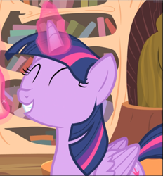 Size: 873x940 | Tagged: safe, screencap, character:twilight sparkle, character:twilight sparkle (alicorn), species:alicorn, species:pony, episode:three's a crowd, g4, my little pony: friendship is magic, cropped, cute, eyes closed, glowing horn, golden oaks library, smiling, solo, twiabetes