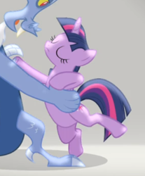 Size: 371x447 | Tagged: safe, screencap, character:discord, character:twilight sparkle, character:twilight sparkle (alicorn), species:alicorn, species:pony, episode:three's a crowd, g4, my little pony: friendship is magic, bipedal, cropped, dancing, eyes closed, shipping fuel, solo focus, standing, standing on one leg