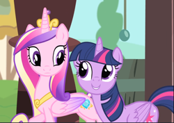 Size: 1310x927 | Tagged: safe, screencap, character:princess cadance, character:twilight sparkle, character:twilight sparkle (alicorn), species:alicorn, species:pony, episode:three's a crowd, g4, my little pony: friendship is magic, cropped, cute, duo, looking at each other, sisters-in-law, smiling, twiabetes