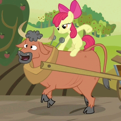Size: 400x400 | Tagged: safe, screencap, character:apple bloom, species:earth pony, species:pony, episode:apple family reunion, g4, my little pony: friendship is magic, animated, bull, cloven hooves, cropped, cute, duo, female, filly, ponies riding bulls, riding