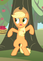 Size: 390x550 | Tagged: safe, screencap, character:applejack, species:earth pony, species:pony, episode:simple ways, g4, my little pony: friendship is magic, apple, apple tree, bipedal, cropped, female, food, mare, open mouth, sneaking, solo, tree