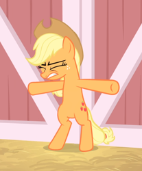 Size: 742x897 | Tagged: safe, screencap, character:applejack, species:earth pony, species:pony, episode:simple ways, g4, my little pony: friendship is magic, bipedal, cropped, eyes closed, female, freckles, mare, teeth, underhoof