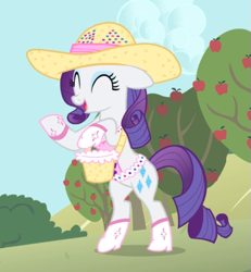 Size: 673x727 | Tagged: safe, screencap, character:rarity, species:pony, species:unicorn, episode:simple ways, g4, my little pony: friendship is magic, apple tree, bipedal, boots, clothing, cropped, cute, eyes closed, female, floppy ears, hat, mare, open mouth, raribetes, rhinestone rarihick, shoes, smiling, solo, tree