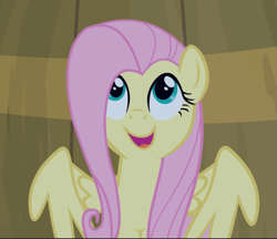 Size: 1087x940 | Tagged: safe, screencap, character:fluttershy, species:pegasus, species:pony, episode:filli vanilli, g4, my little pony: friendship is magic, barrel, cropped, cute, female, happy, looking up, mare, open mouth, shyabetes, smiling, solo, wings