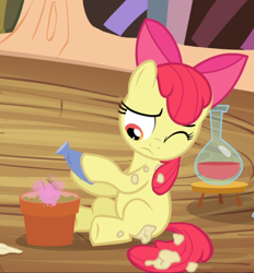 Size: 870x937 | Tagged: safe, screencap, character:apple bloom, species:earth pony, species:pony, episode:twilight time, g4, my little pony: friendship is magic, bow, cropped, female, filly, flower pot, golden oaks library, hair bow, messy, one eye closed, potion making, sitting, smoke, solo, underhoof