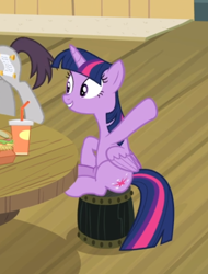Size: 520x686 | Tagged: safe, screencap, character:twilight sparkle, character:twilight sparkle (alicorn), species:alicorn, species:pony, episode:twilight time, g4, my little pony: friendship is magic, cropped, drink, hoof in air, sitting, smiling, table