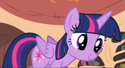 Size: 1257x683 | Tagged: safe, screencap, character:twilight sparkle, character:twilight sparkle (alicorn), species:alicorn, species:pony, episode:twilight time, g4, my little pony: friendship is magic, close-up, cropped, cute, golden oaks library, looking down, smiling, solo, twiabetes