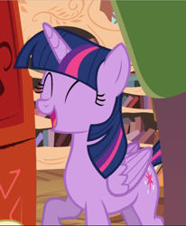 Size: 776x940 | Tagged: safe, screencap, character:twilight sparkle, character:twilight sparkle (alicorn), species:alicorn, species:pony, episode:twilight time, g4, my little pony: friendship is magic, cropped, cute, eyes closed, golden oaks library, laughing, open mouth, solo, twiabetes