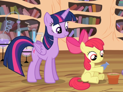 Size: 1052x789 | Tagged: safe, screencap, character:apple bloom, character:twilight sparkle, character:twilight sparkle (alicorn), species:alicorn, species:earth pony, species:pony, episode:twilight time, g4, my little pony: friendship is magic, cropped, female, filly, flower pot, golden oaks library, holding, mare, potion making, sitting, smiling, teaching, underhoof, watching