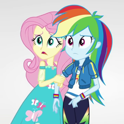 Size: 720x720 | Tagged: safe, screencap, character:fluttershy, character:rainbow dash, equestria girls:rollercoaster of friendship, g4, my little pony:equestria girls, cropped, duo, female, geode of fauna, geode of super speed, magical geodes