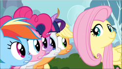Size: 1670x941 | Tagged: safe, screencap, character:applejack, character:fluttershy, character:pinkie pie, character:rainbow dash, character:rarity, character:twilight sparkle, character:twilight sparkle (alicorn), species:alicorn, species:earth pony, species:pegasus, species:pony, species:unicorn, episode:it ain't easy being breezies, g4, my little pony: friendship is magic, cropped, cute, female, listening, mane six, mare, smiling, whispering